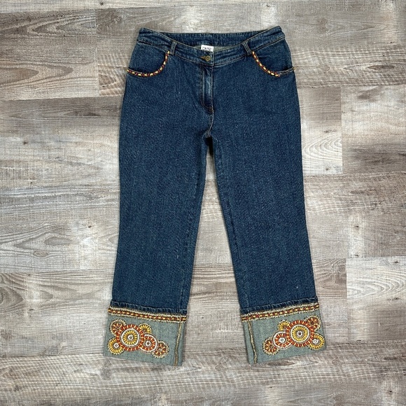 Y2K Cache Size 6 Denim Capri Jeans Cropped Blue Rhinestones Beaded Cuffed - Picture 1 of 13